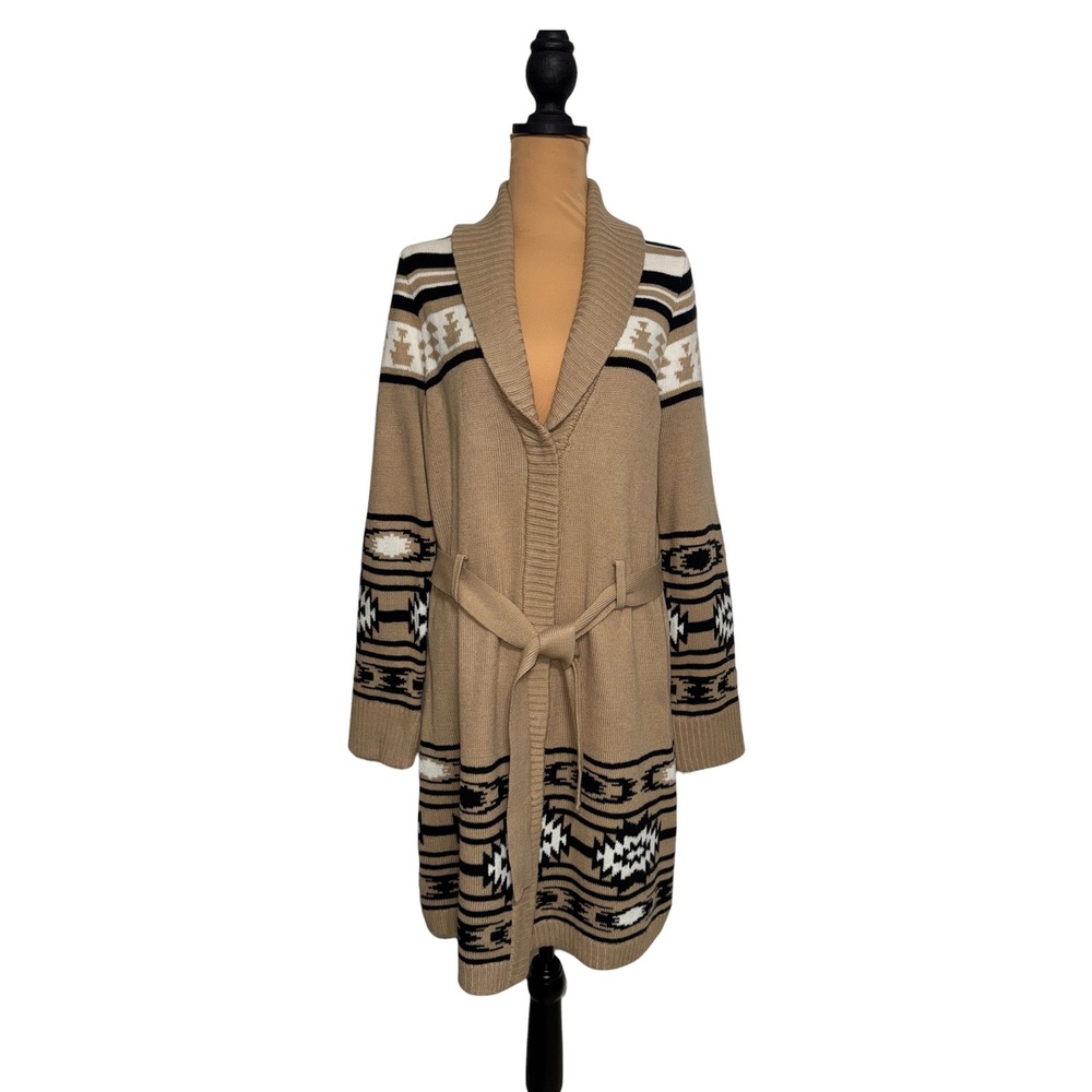 Chaps Womens Tan Southwestern Shawl Collar Belted Cardigan Sweater Small - Picture 2 of 7